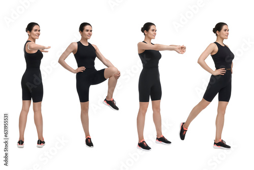 Young woman doing morning exercises on white background, collage design