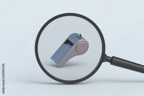 Whistle behind magnifying glass. 3d render