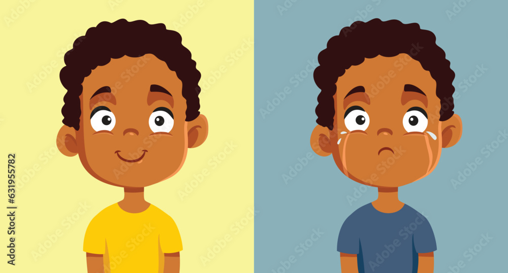 Happy or Sad Emotion Portrayed by Little Child of African Ethnicity. Child feeling different emotions learning about himself and growing as a person 
