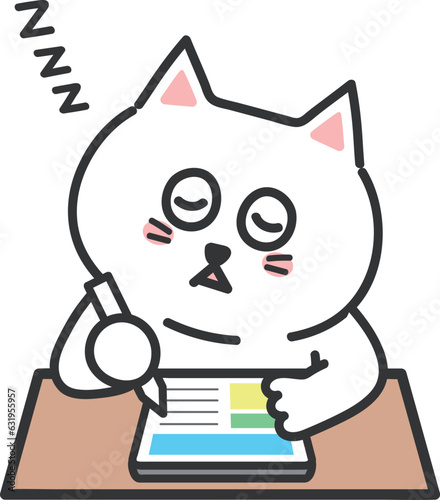 White cartoon cat falling asleep using tablet PC, vector illustration.