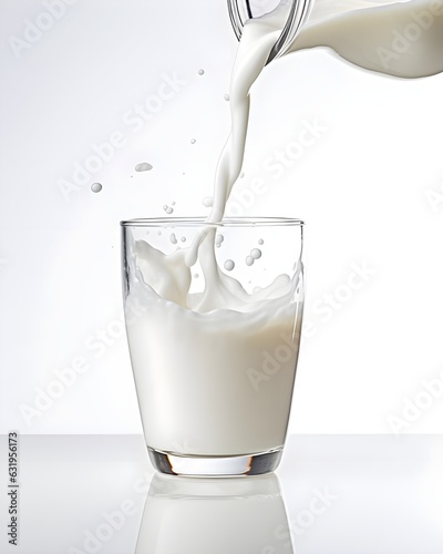 Pouring milk into a glass on white background. Ai generative