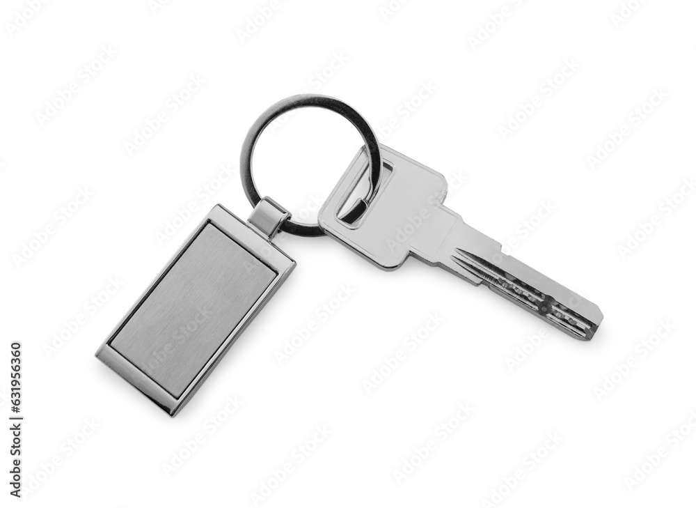 Key with metallic keychain isolated on white, top view Key with metallic keychain isolated on white, top view