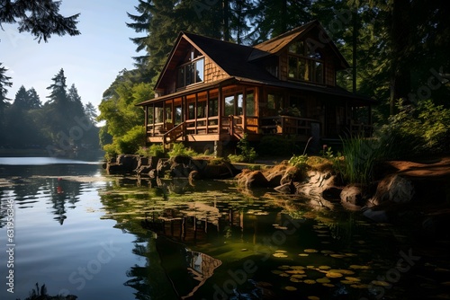 Beautiful cottage on the shore of a lake in the forest