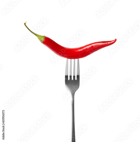 Fork with chili pepper isolated on white