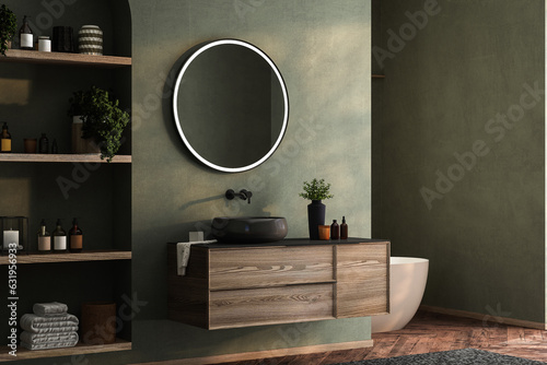 Tableau sur toile Interior of modern bathroom with green walls, parquet floor, black sink on countertop with oval mirror above it and comfortable white-beige bathtub