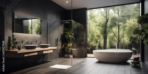 Modern bathrooms are sleek and streamlined, emphasizing strong horizontal lines. Clean, flourish-free details keep the focus on the architecture. © AvB Studio