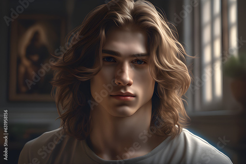 Young handsome guy 18 with long hair in art style Generative AI © 윤석 황