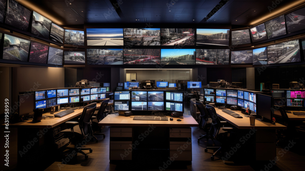 A control room central monitor with multiple monitors A control room central monitor with multiple monitors