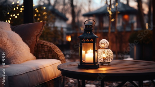  evening winter terrace outside ,blurred lantern c andle light, soft sofa ,cozy atmosfear Christmas decorated illuminated decoration