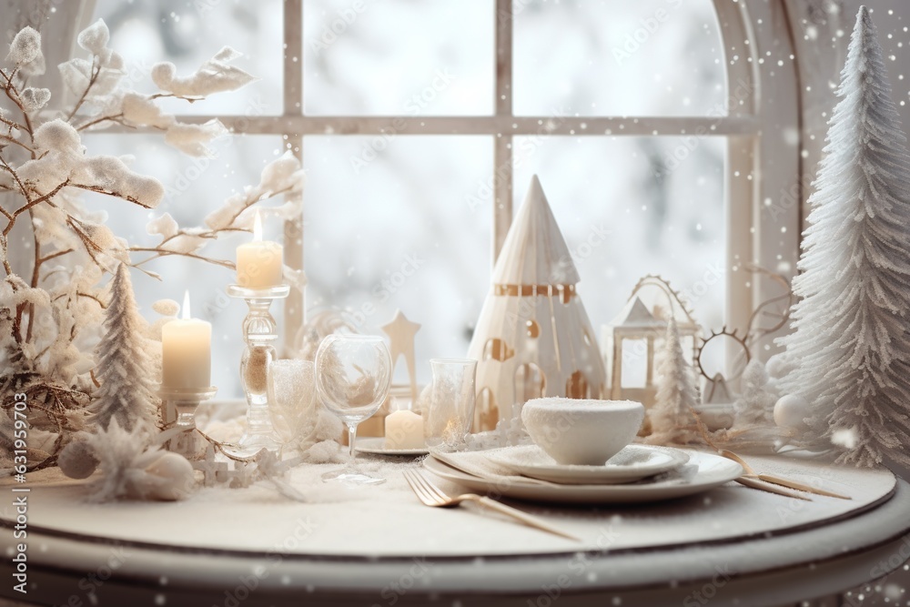 Fantastic Shot of some Decorations on the Top of a White Desk and as a Background a Huge Window with the Snow Everywhere! Fantastic Shot of some Decorations on the Top of a White Desk and as a Background a Huge Window with the Snow Everywhere!