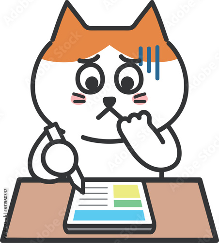 The cartoon tabby cat has difficulty studying with a tablet computer—vector illustration.