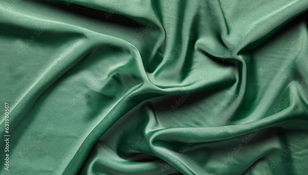 Fototapeta premium Crumpled dark green silk fabric as background, top view