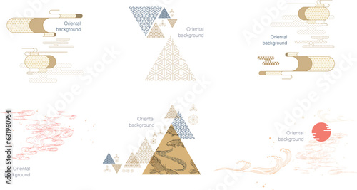 Set of geometric modern graphic elements vector. Asian icons with Japanese pattern. Abstract banners with flowing liquid shapes. Template for logo design, flyer or presentation. 