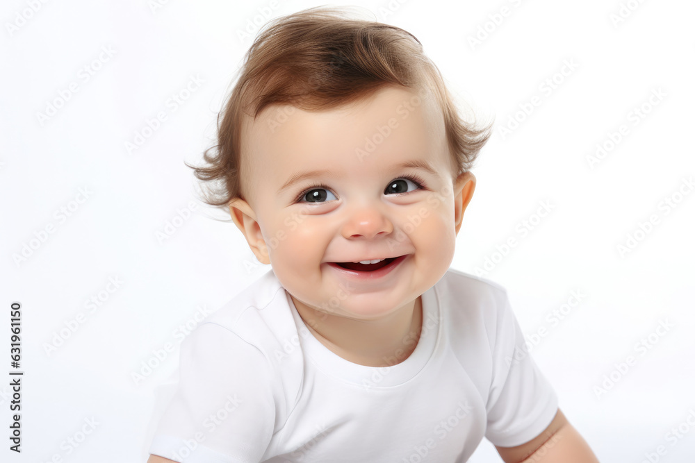 Closeup photo of a cute little baby boy child a smile and laugh isolated on white background