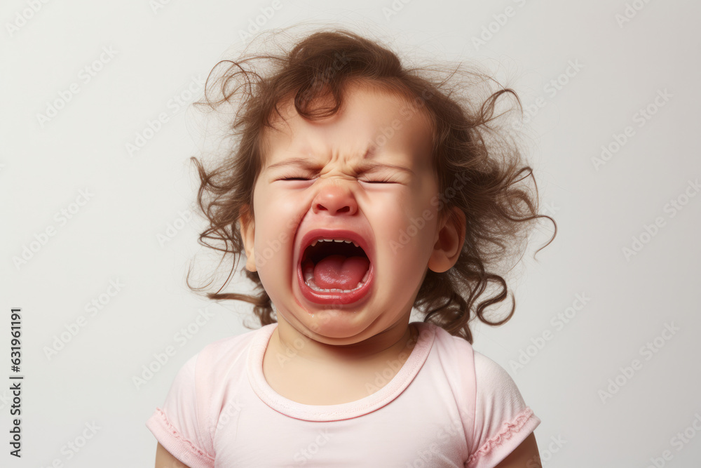 Closeup photo of a cute little baby girl child crying and screaming isolated on white background. Closeup photo of a cute little baby girl child crying and screaming isolated on white background.