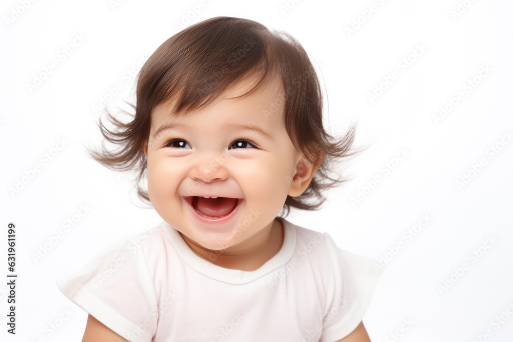 Closeup photo of a cute little baby girl child smile and laugh isolated on white background Closeup photo of a cute little baby girl child smile and laugh isolated on white background