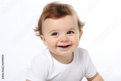 Closeup photo of a cute little baby boy child a smile and laugh isolated on white background