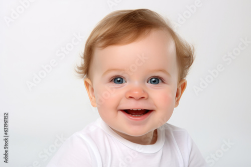 Closeup photo of a cute little baby boy child a smile and laugh isolated on white background