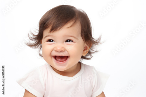 Closeup photo of a cute little baby girl child smile and laugh isolated on white background