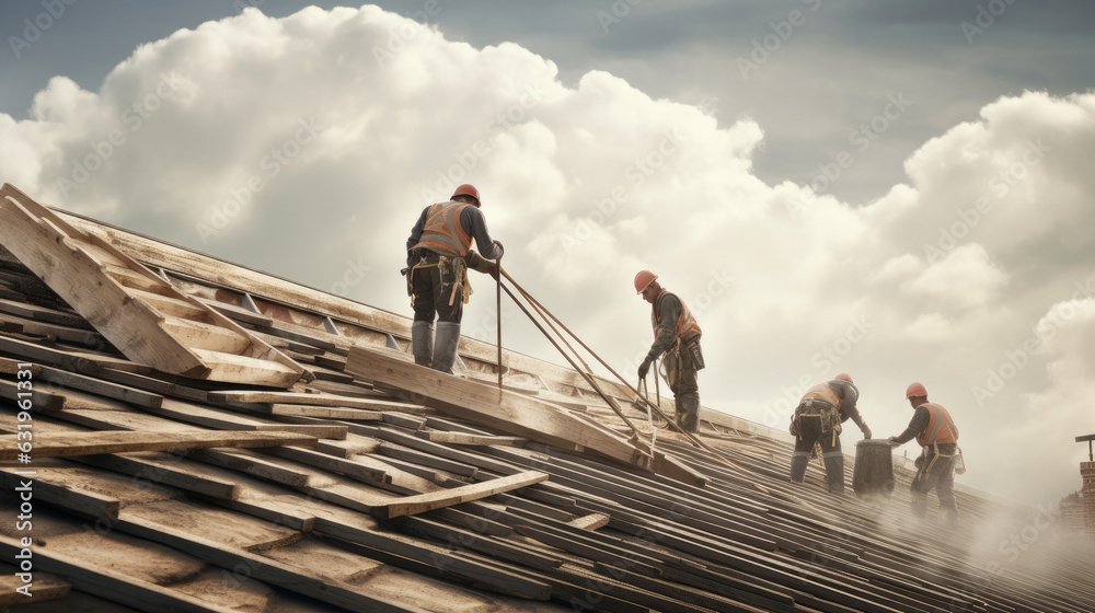 Construction workers working on the roof. - obrazy, fototapety, plakaty 
