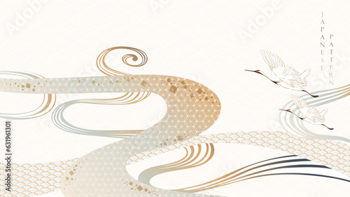 Abstract landscape with Japanese wave pattern vector. Nature art background with crane birds invitation card template in vintage style. Asian traditional icon and hand drawn line  in oriental style.