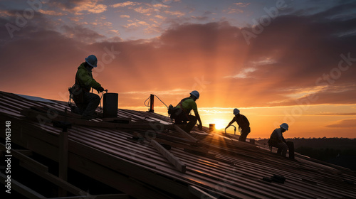 Construction workers working on the roof.