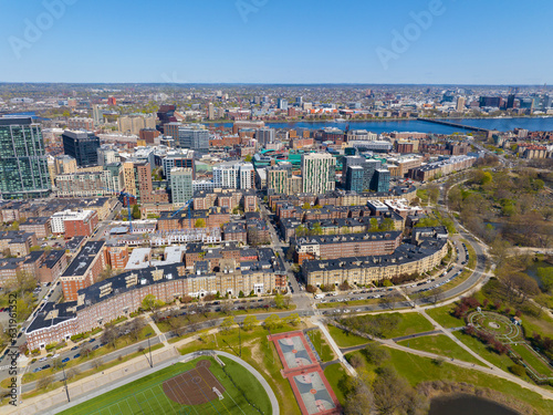 Boston Fenway district modern city skyline and Emerald Necklace Conservation Park with Charles River and Cambridge at the background in Boston, Massachusetts MA, USA.   photo