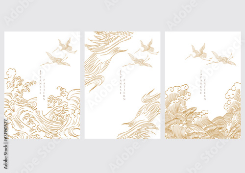 Japanese template with hand drawn wave vector. Oriental template with abstract background in vintage style. Crane birds decoration.