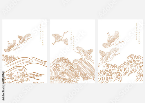 Set of hand drawn wave with Japanese pattern vector. Oriental decoration with crane birds banner design, flyer or presentation in vintage style. Ocean sea elements.