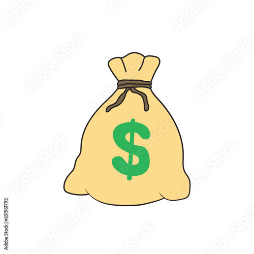 Kids drawing Cartoon Vector illustration money bag with dolars icon Isolated on White Background