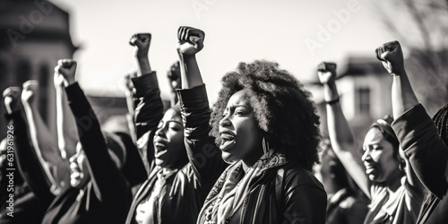 Black women march together in protest. Arms and fists raised in the for activism in the community