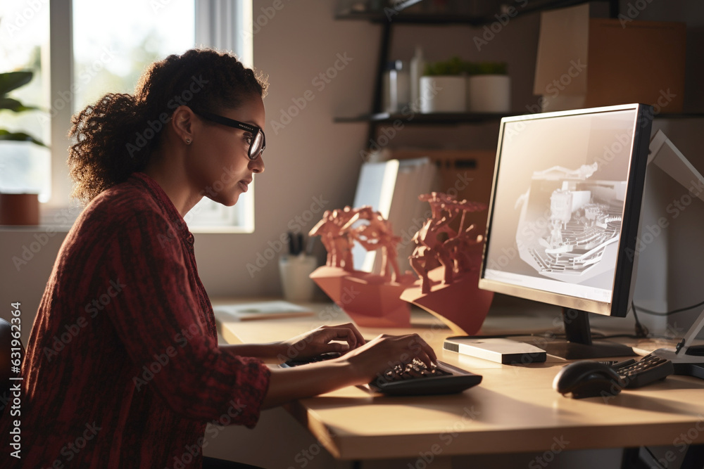 radiant and joyful black female art director sits at her office desk