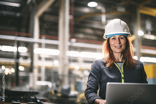 cheerful and determined female automotive engineer, wearing a helmet for safety, diligently works on her laptop amidst the bustling factory, exuding an air of happiness and passion for her work