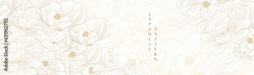 Peony flower with hand drawn illustration in vintage style. Gold floral pattern in vintage style. Oriental flora  banner design.