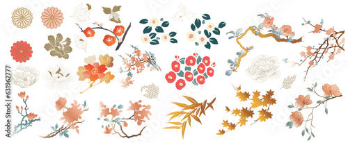 Set of hand drawn branch of flower with Japanese pattern vector. Oriental decoration with logo design, flyer or presentation in vintage style. 