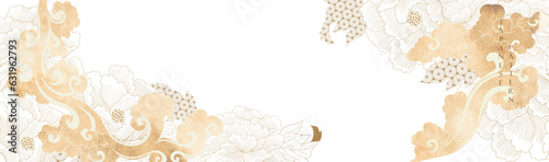 Hand drawn cloud with Japanese cloud and flower pattern vector. Oriental decoration with logo design, flyer, banner or presentation in vintage style. Brown watercolor texture.