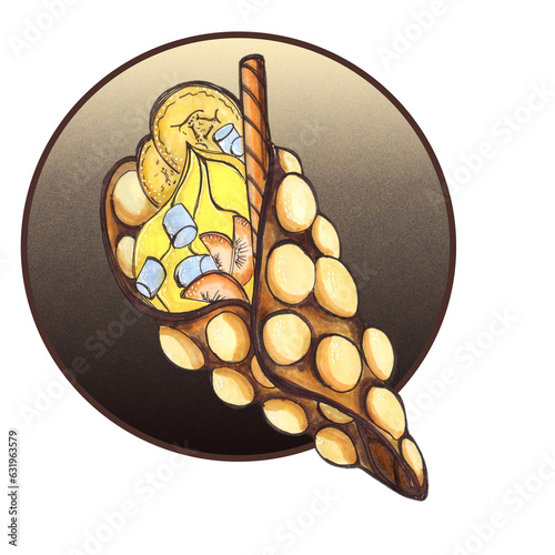 Delicious appetizing Hong Kong waffle with cream, marshmallows, chocolate stick, banana and peach pieces. Hand-drawn picture.