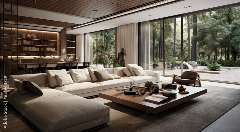 modern luxury living room interior with lighting from the large windows feeling of tranquility generativa IA