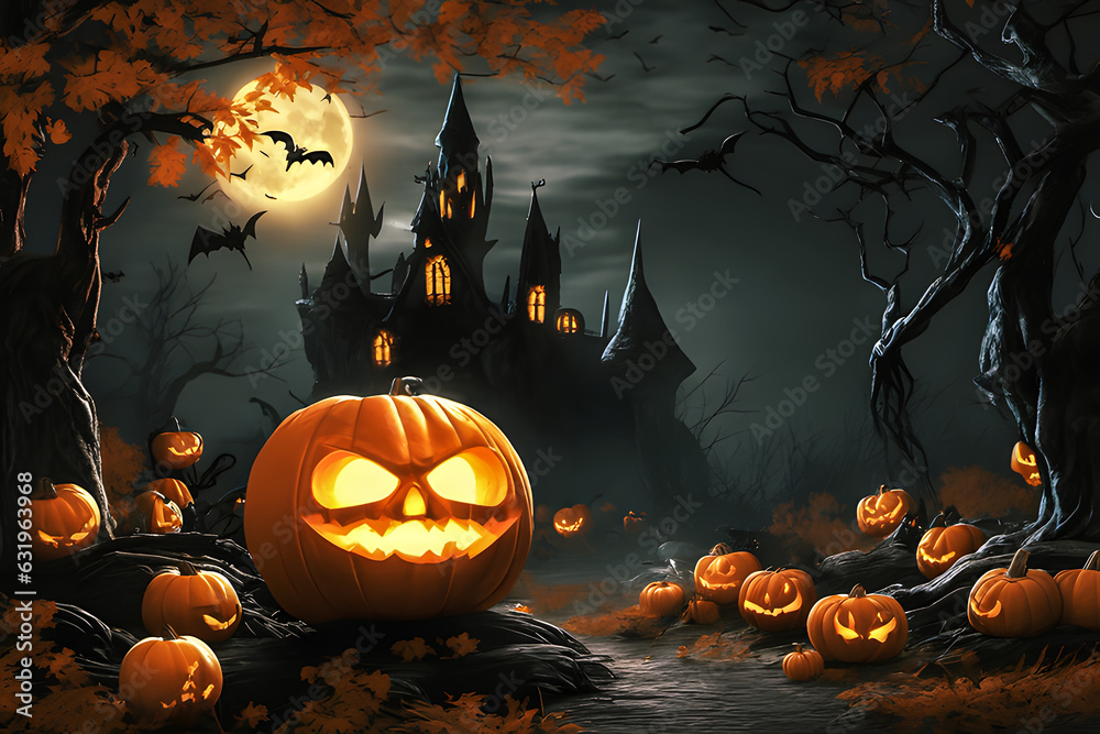 Spooky dark forest with pumpkins glowing. Background for Halloween. Generative AI
Spooky dark forest with pumpkins glowing. Background for Halloween. Generative AI