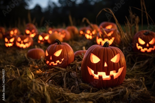 Pumpkins Burning In Forest At Night - Halloween Background © InfiniteStudio