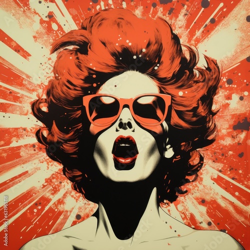 Horror   fear   action female face - Explosion - Risograph print