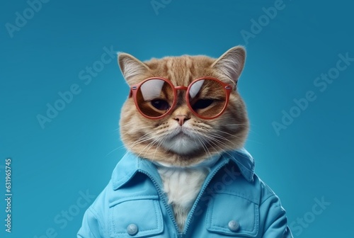 Cute cat wearing jacket and glasses isolated on blue background. generative ai