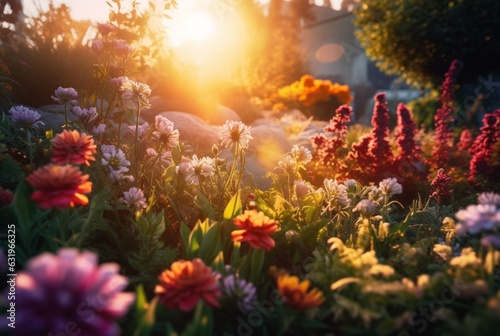 Flower garden with beautiful sunrise in the morning. generative ai