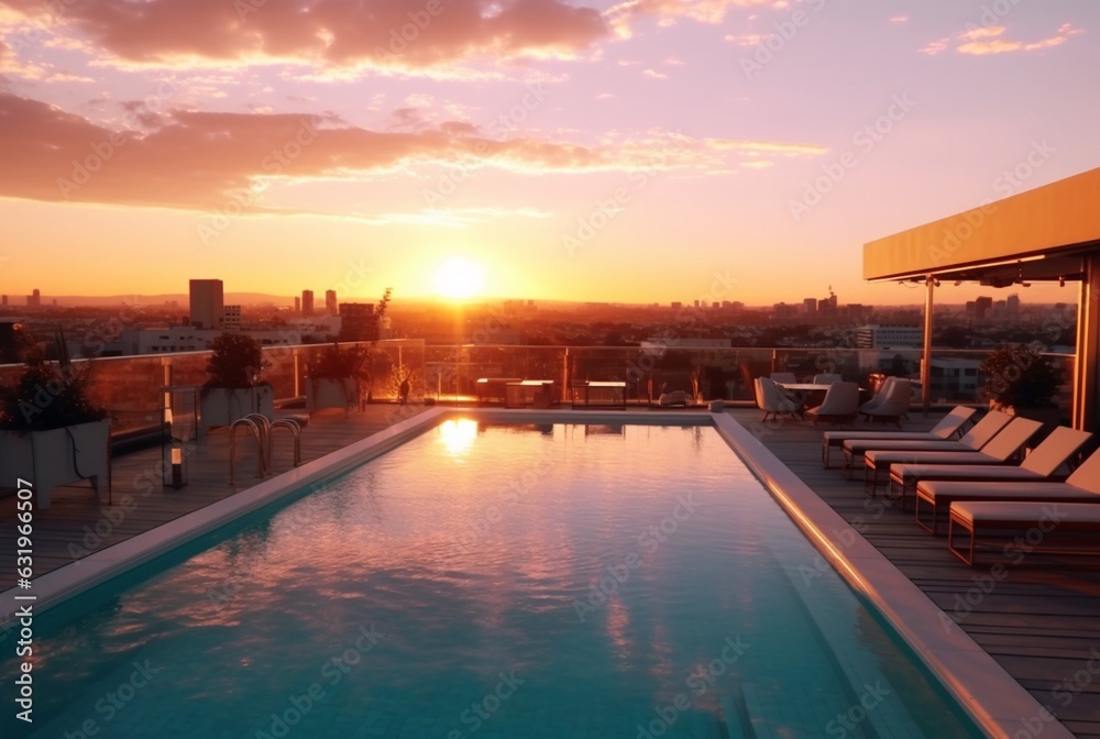 rooftop hotel with swimming pool and beautiful sunset in the evening. generative ai