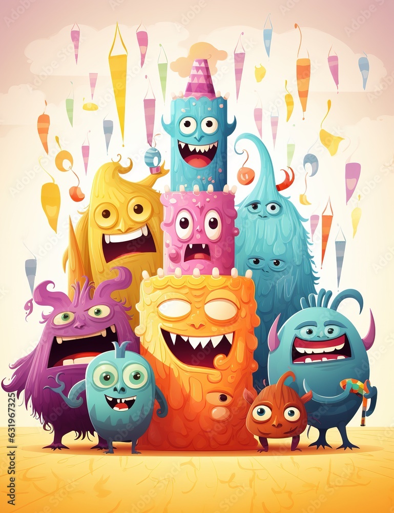 Naklejka premium Cheerful Creature Chaos Cartoon Pattern Art Monsters in Harmony Cute Cartoon Background
