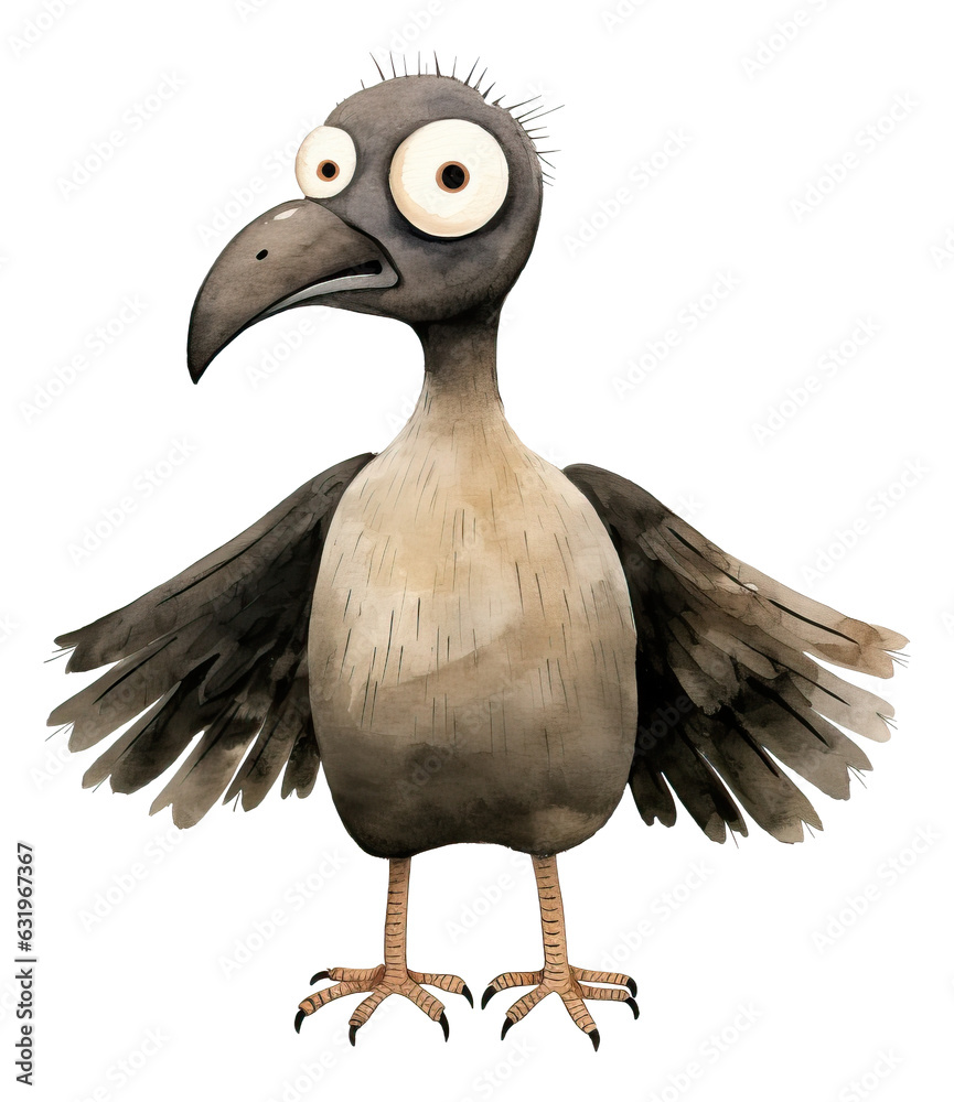 Obraz premium Hand drawn watercolor cute folk art vulture with silly eyes isolated. Cartoon style illustration. 