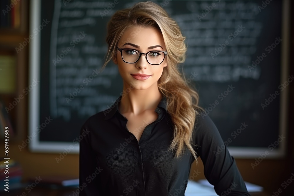 young attractive teacher woman in glasses on the background of the school board. back to school. teacher's Day young attractive teacher woman in glasses on the background of the school board. back to school. teacher's Day