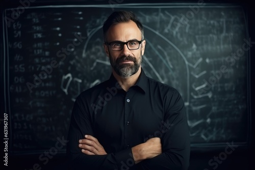 young caucasian teacher portrait with blackboard background