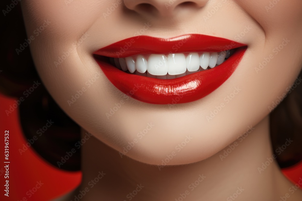 Perfect smile after bleaching. Dental care and whitening teeth. Stomatology and beauty care. Woman smiling with great teeth. Cheerful female smile with fresh clear skin