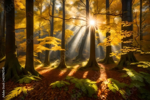 sunset in the forest,autumn in the forest, Magical forest landscape with sunbeam lighting up the golden foliage, © Mehram